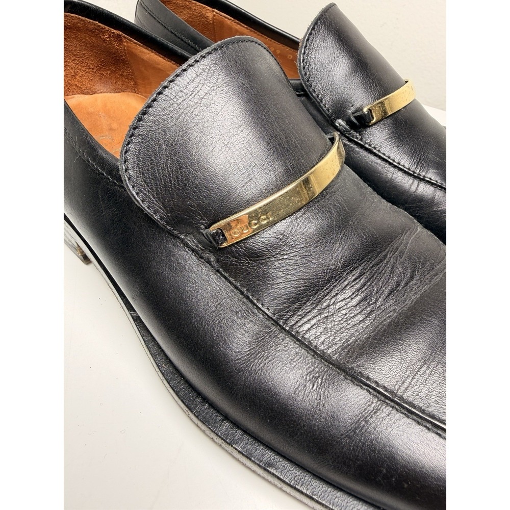 Gucci Vintage Black Leather Logo Bar Loafers Men’s 8D Authenticated - Picture 10 of 14